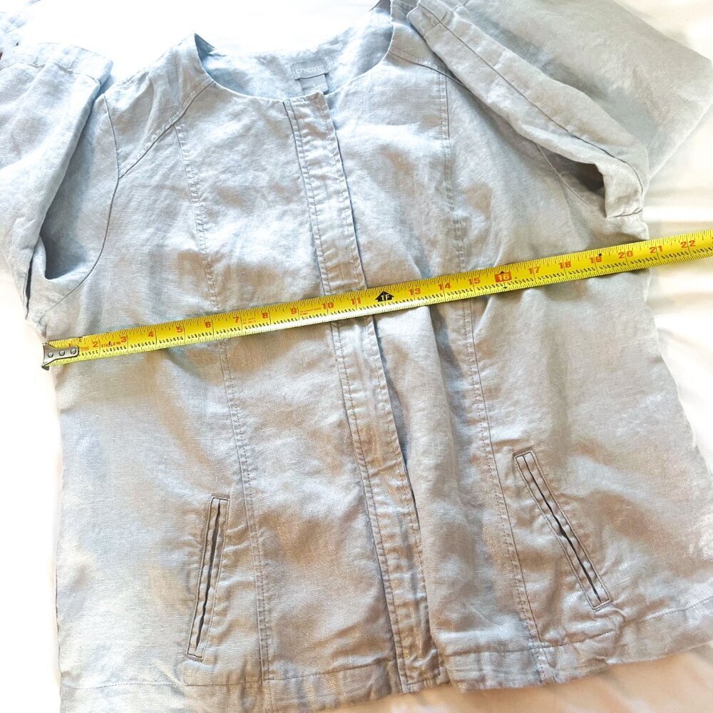Chicos 100% Linen Foiled Jacket Metallic Silver Gray Neutrals Zip Up Lightweight - Picture 7 of 10
